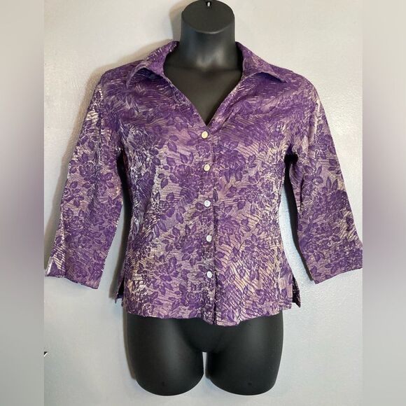 Scott Taylor purple metallic crinkle button up blouse - Picture 1 of 6